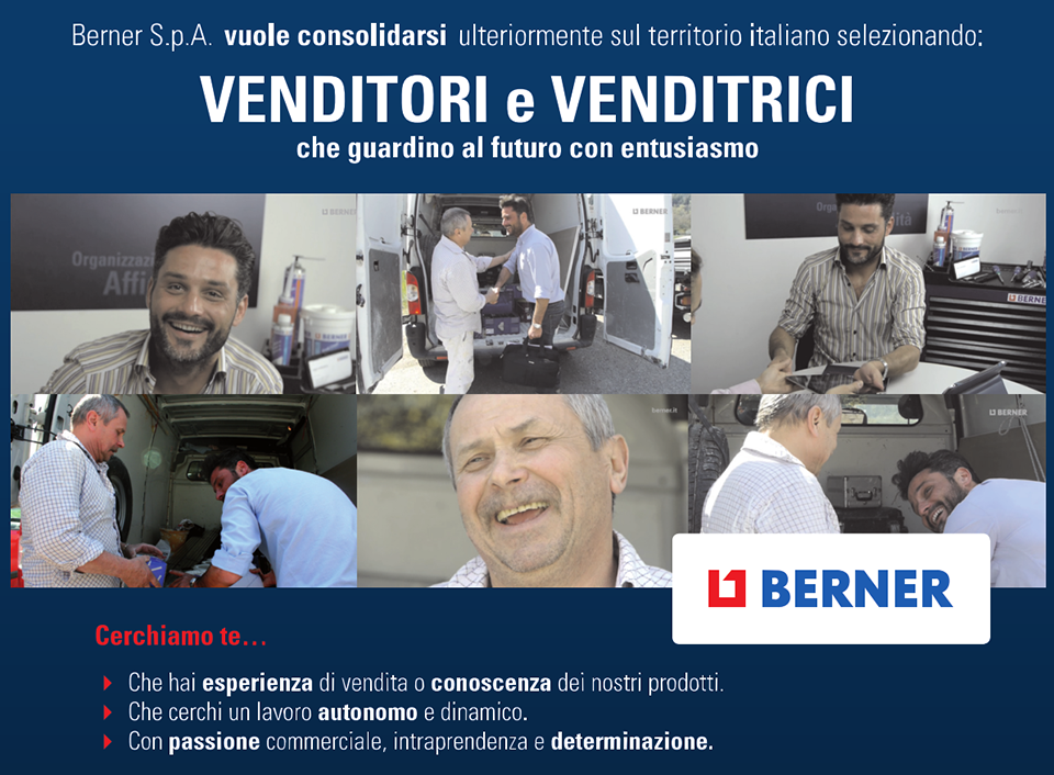 Berner S.p.A. vuole consolidarsi ulteriormente sul territorio italiano selezionando: Venditori e Venditrici che guardino al futuro con entusiasmo. 